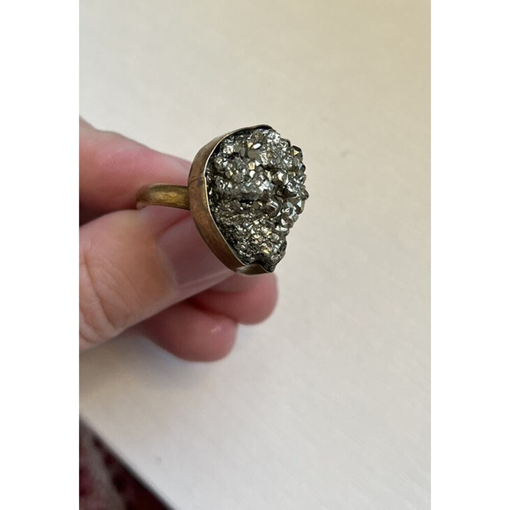 Artist Large Pyrite Druzy Chunky Gemstone Brass Ring Jewelry SZ 8.5